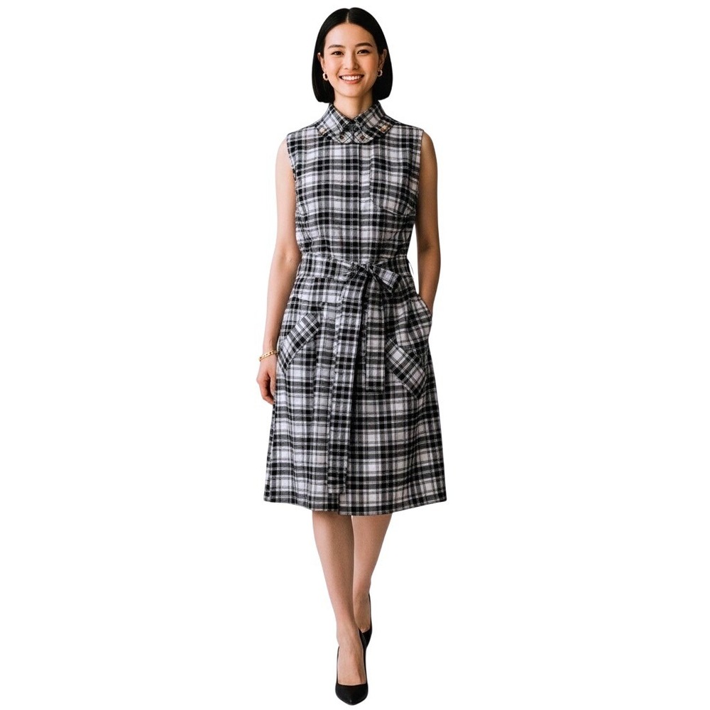 Liz Claiborne Plaid Belted Sheath Dress 8 Black White Dark Academia Preppy Mod